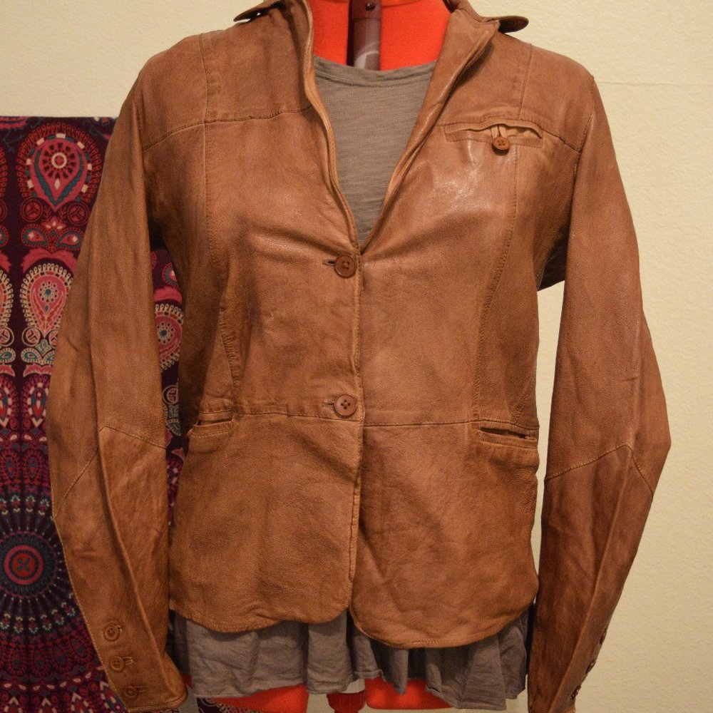 Jakett Leather Jacket Blazer Brown Sz L